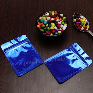 Shiny Blue Three Side Seal Pouches With Zipper