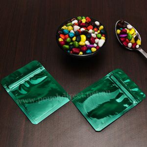 Shiny Green Three Side Seal Pouches With Zipper