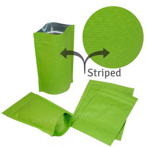 Green Striped Kraft Paper Stand Up Pouches With Valve