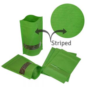 Green Striped Paper Stand Up Pouches With Rectangle Window
