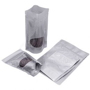 Matt Silver Stand Up Pouches With Oval Window