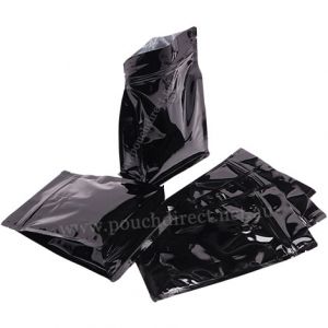 Shiny Black Flat Bottom Pouches With Normal Zipper & Valve