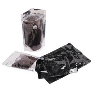 Shiny Black / Clear Stand Up Pouch with Zipper & Valve