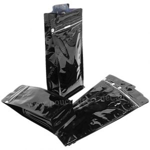 Shiny Black Flat Bottom Pouches Tear Off Zipper & Valve