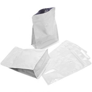 Shiny White Flat Bottom Pouches With Normal Zipper & Valve