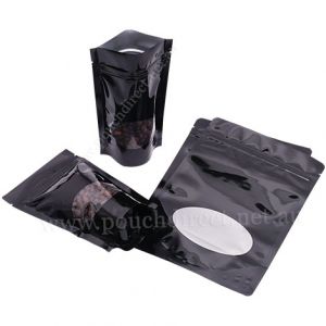 Shiny Black Stand Up Pouches With Oval Window
