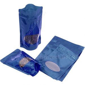 Shiny Blue Stand Up Pouches With Oval Window