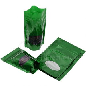 Shiny Green Stand Up Pouches With Oval Window