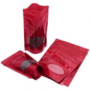 Shiny Red Stand Up Pouches With Oval Window
